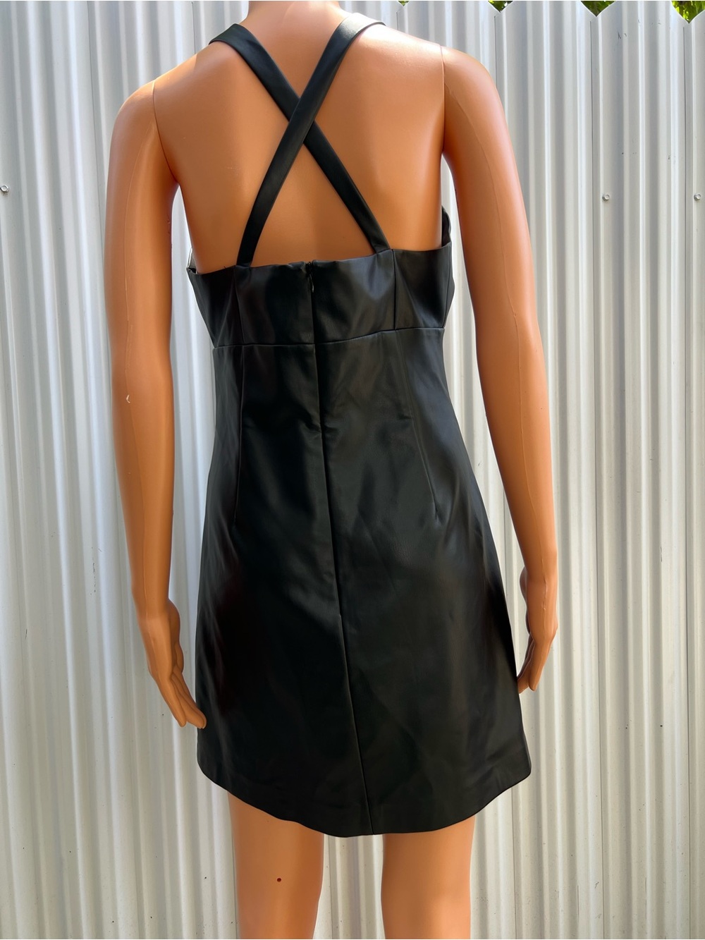 French Connection Black Faux Leather Cross Halter Mini Dress - Picture 3 of 8